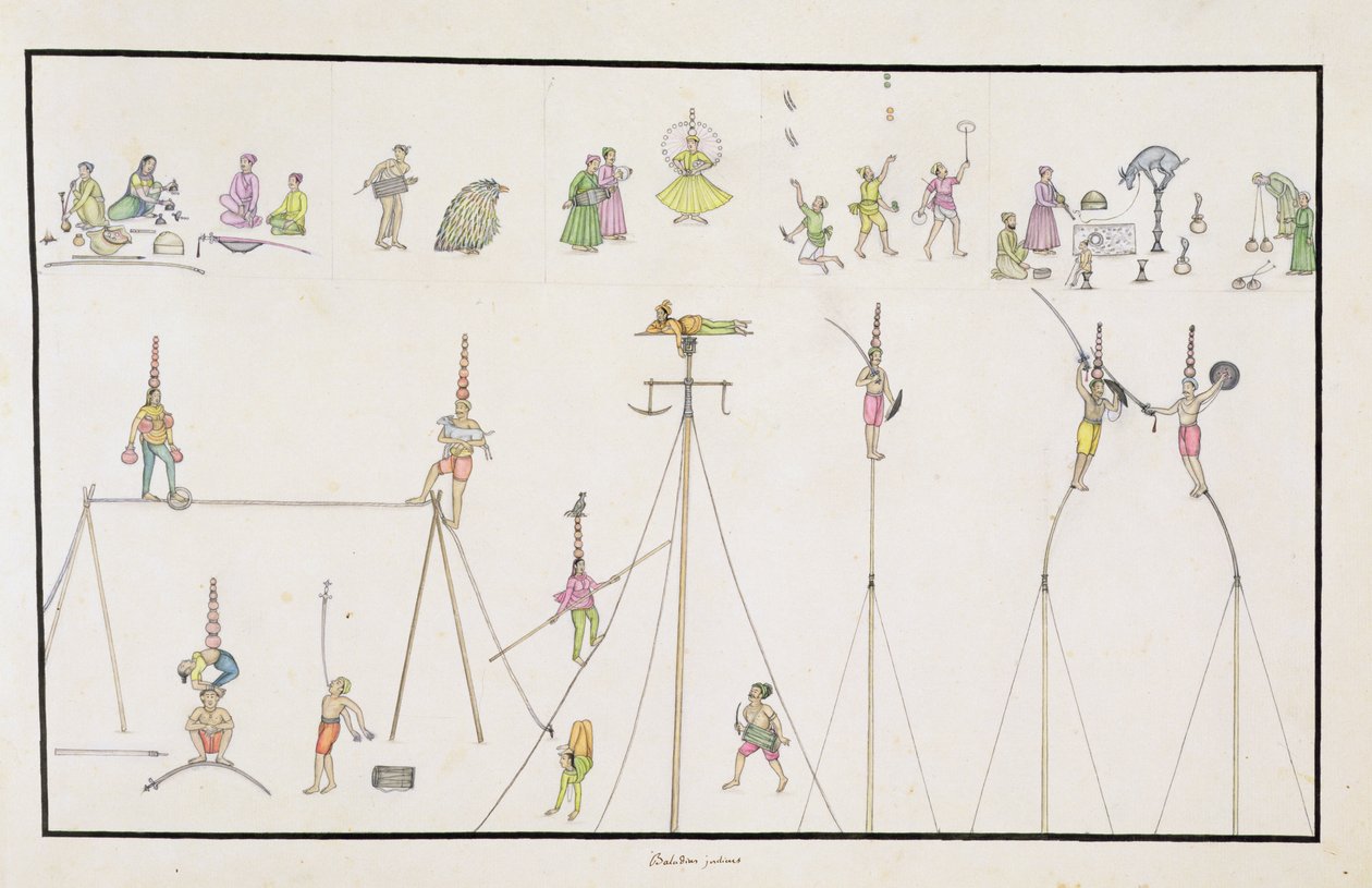 Acrobatas, malabaristas, imitadores, animadores do The Gentil Album, publicado em 1774 de French School