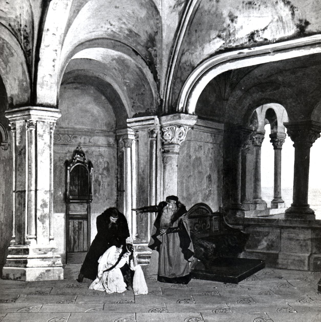Ato IV, Cena 2 de Pelleas et Melisande de Debussy, de uma fotografia da primeira produção em abril de 1902 da ópera na Ópera-Comique em Paris, ilustração na revista Theater, junho de 1902 (l de French School