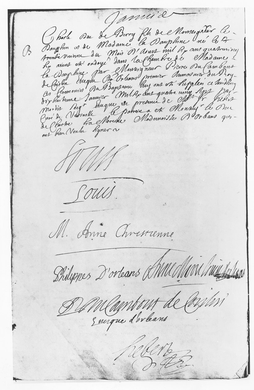 Acto de Baptismo de Carlos, Duc de Berry de French School