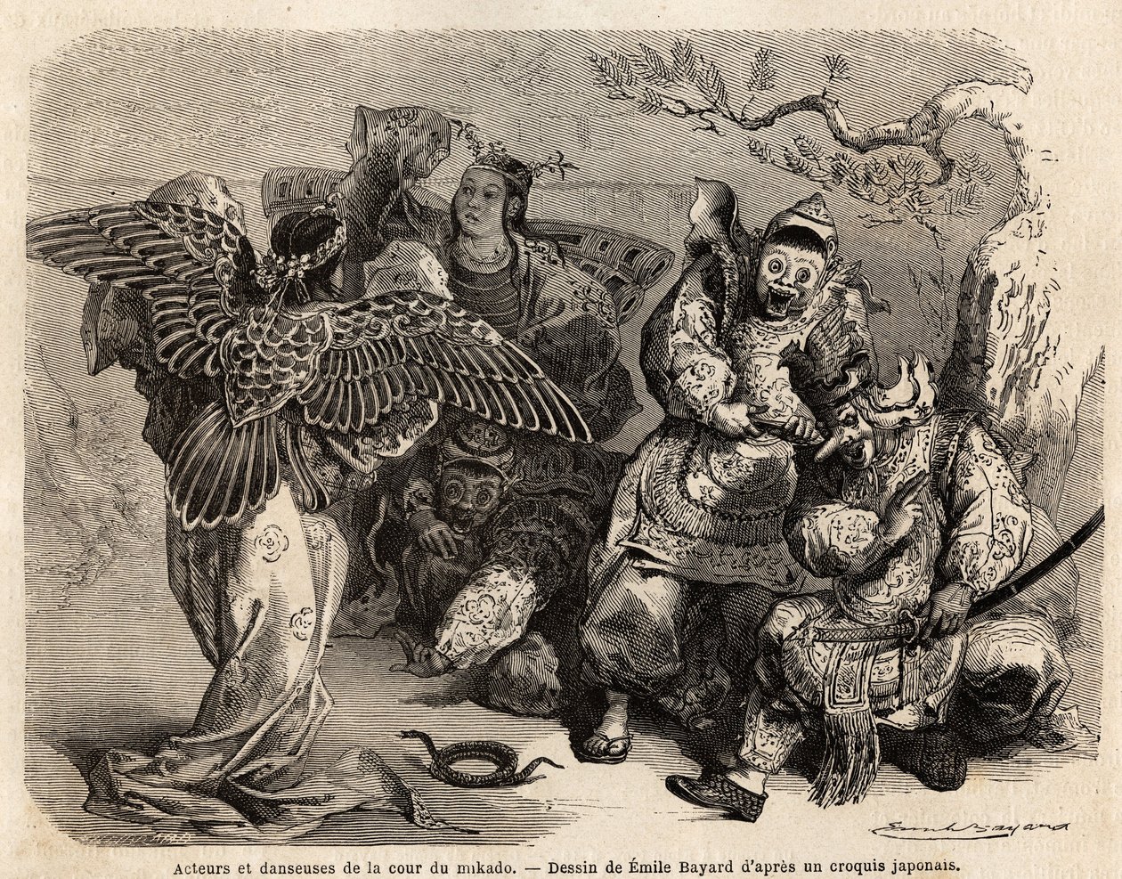 Actores e bailarinos da corte do Mikado em traje de cena. Gravura para ilustrar a viagem ao Japão em 1863-1864, por Aime Humbert, ministro da Confederação Suíça, em "Le tour du monde, nouveau journal des voyages", publicado sob a direção de Ed de French School