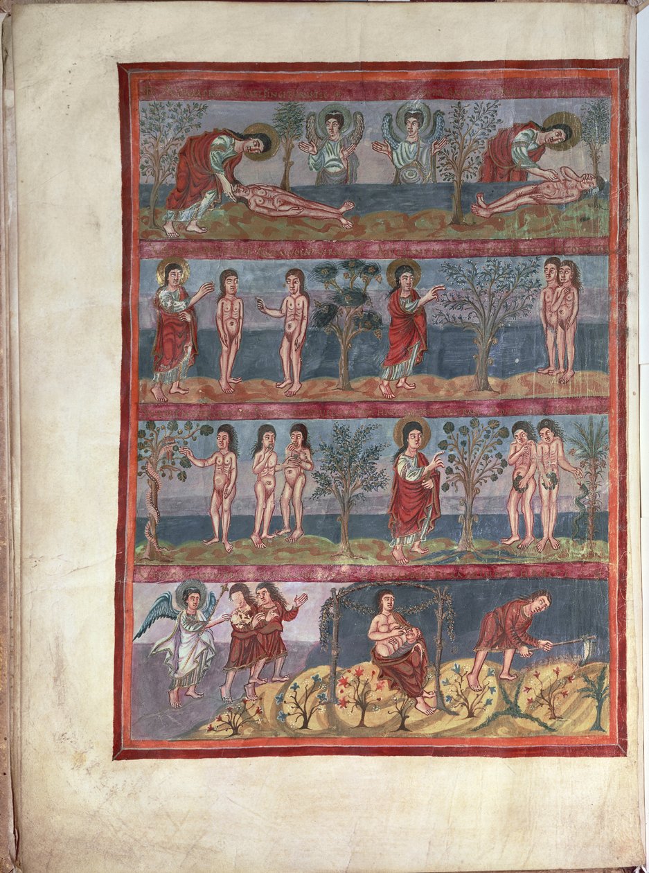 Add.10546 f.5v Adão e Eva, da Bíblia Moutier-Grandval, iluminado na Abadia carolíngia de São Martinho, Tours, latim, c.834-843 (velino) de French School