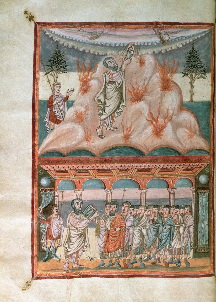 Adicionar 10546 f.25b Moisés recebendo e transmitindo a Lei de Deus no Monte Sinai, da Bíblia Moutier-Grandval, iluminada na Abadia Carolíngia de São Martinho, Tours, c.834-843 (vellum) de French School