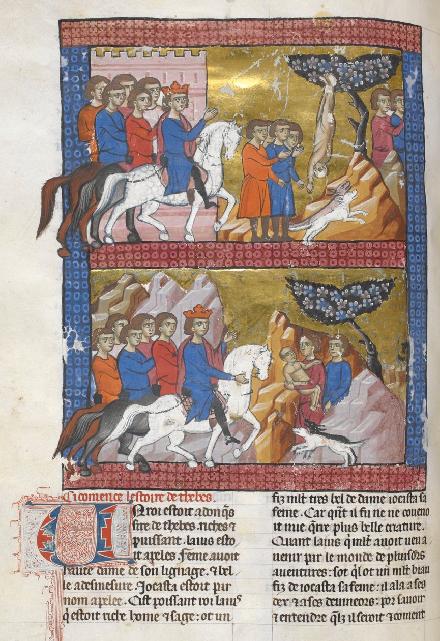 Adicionar. 15268, f.75v Édipo, encontrado por Polybus, rei de Corinto, ilustração de 