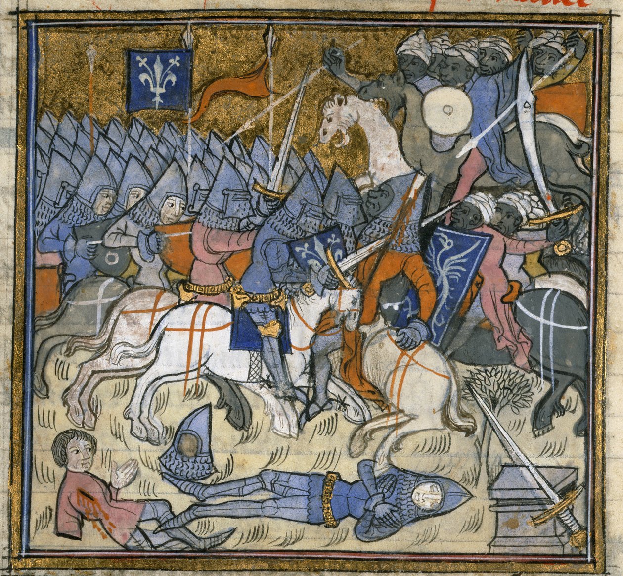 Adicionar. 15269, f.124v Cruzados lutando contra sarracenos, ilustração das 