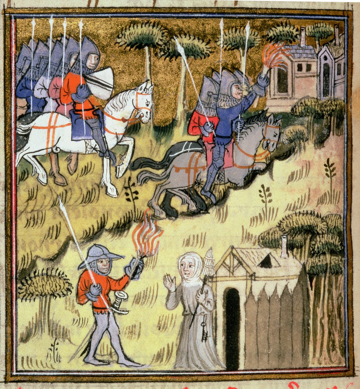 Acrescentar 15269 f.178v Cavalaria que ilumina edifícios com tochas flamejantes; uma freira que protege a sua abadia de um soldado, c.1380 de French School