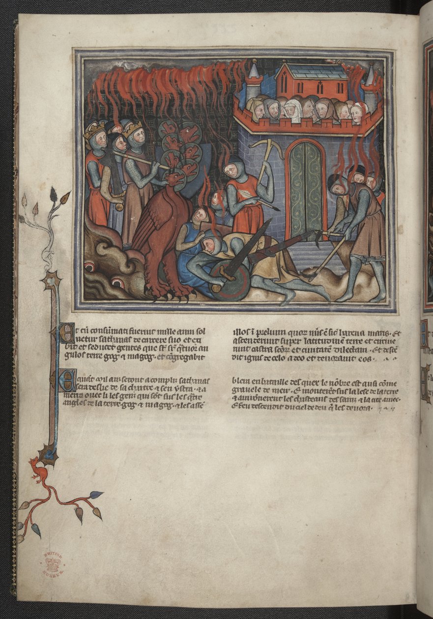 Adicionar 17333, f.42v, Miniatura dos exércitos do Céu lutando contra o dragão (Apocalipse XIX:19-20), de Apocalipse (o 