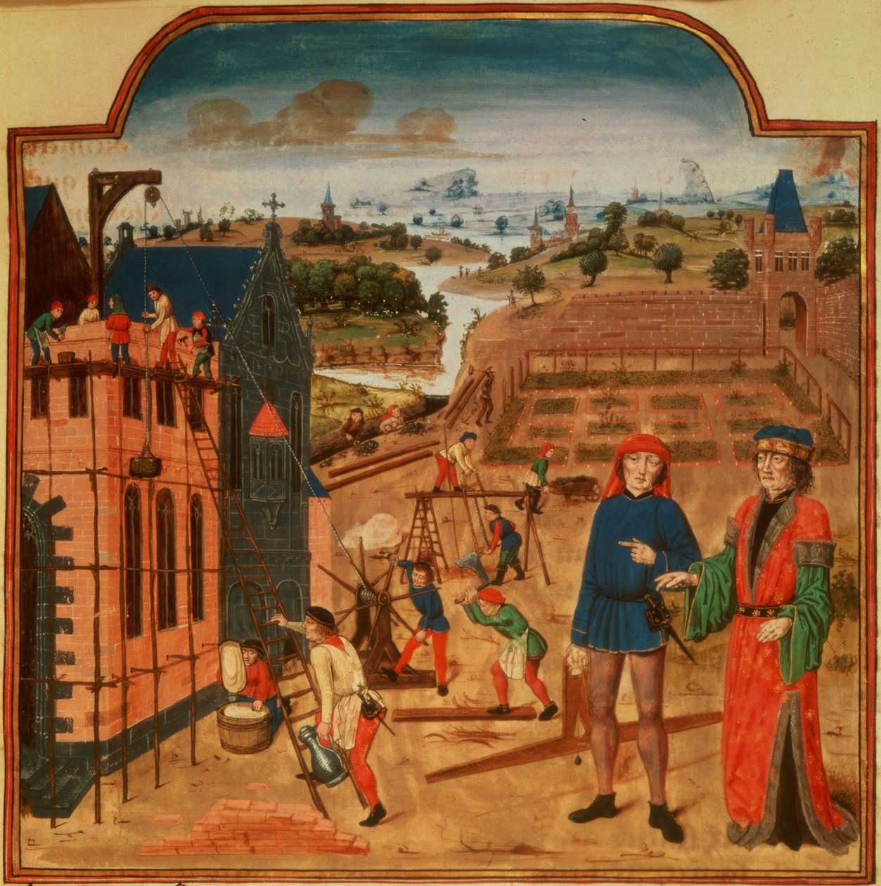 Adicionar 19720 f.27 Construção de uma casa de jardim com jardins formais e paisagem ao fundo, de Livre des Prouffits Champetres et Ruraulx de Pietro de Crescenzi (1230-1320/1) (velino) de French School