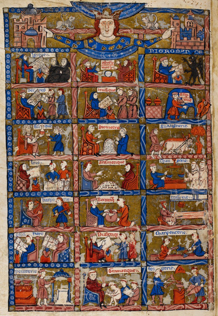 Acrescentar. 30024 f.1v Vinte e uma cenas representando as artes e ciências, de 