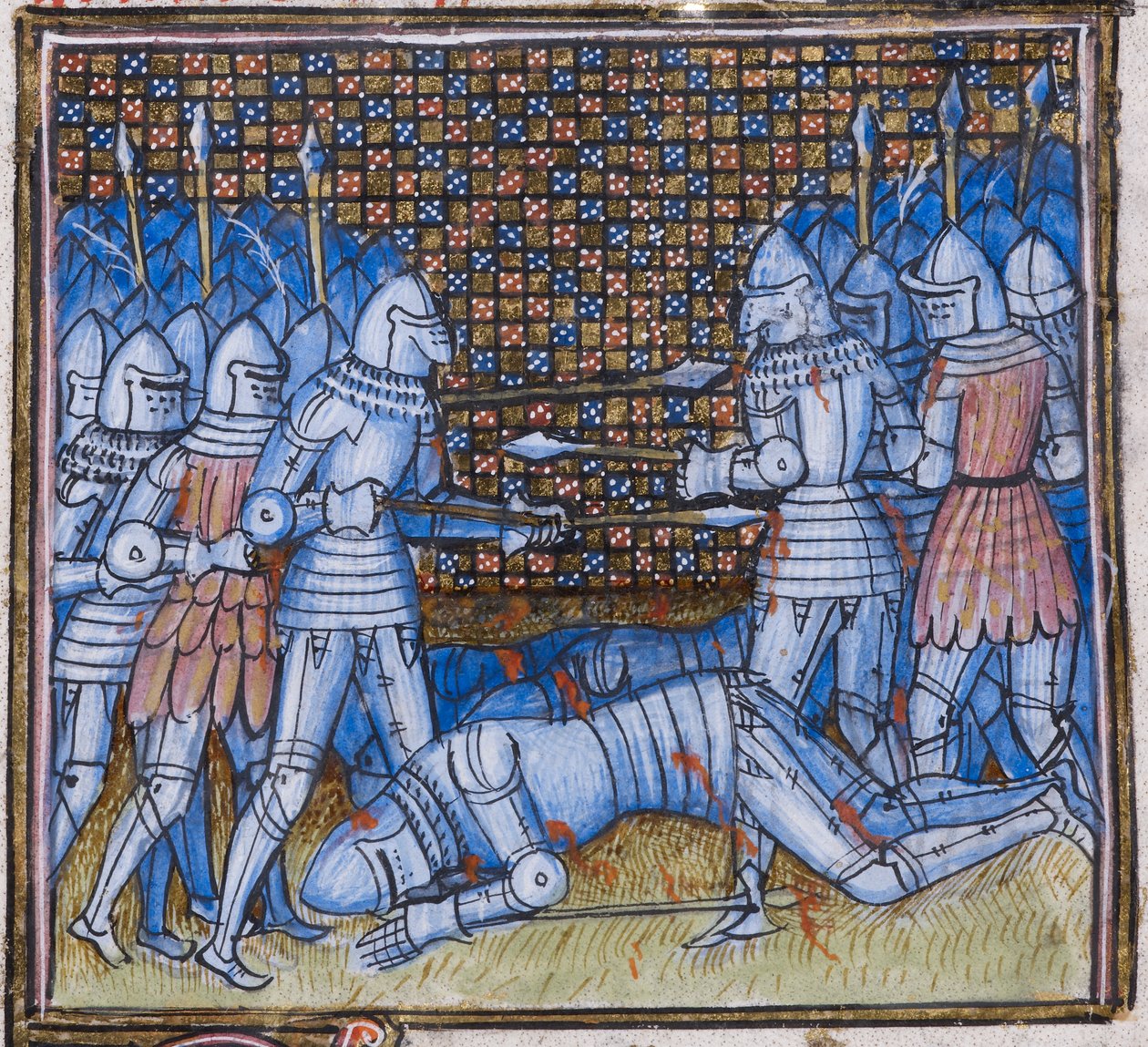 Acrescentar. 38659 fol.170 Morte de Sir John Chandos. Uma batalha medieval, iluminação de 