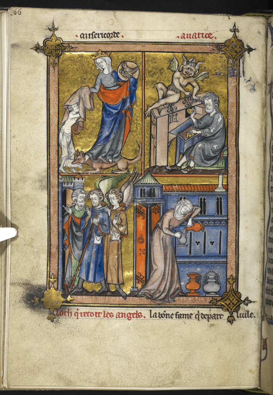 Adicionar. 54180, f. 136v, Miniatura com anjos em traje de peregrino, de 