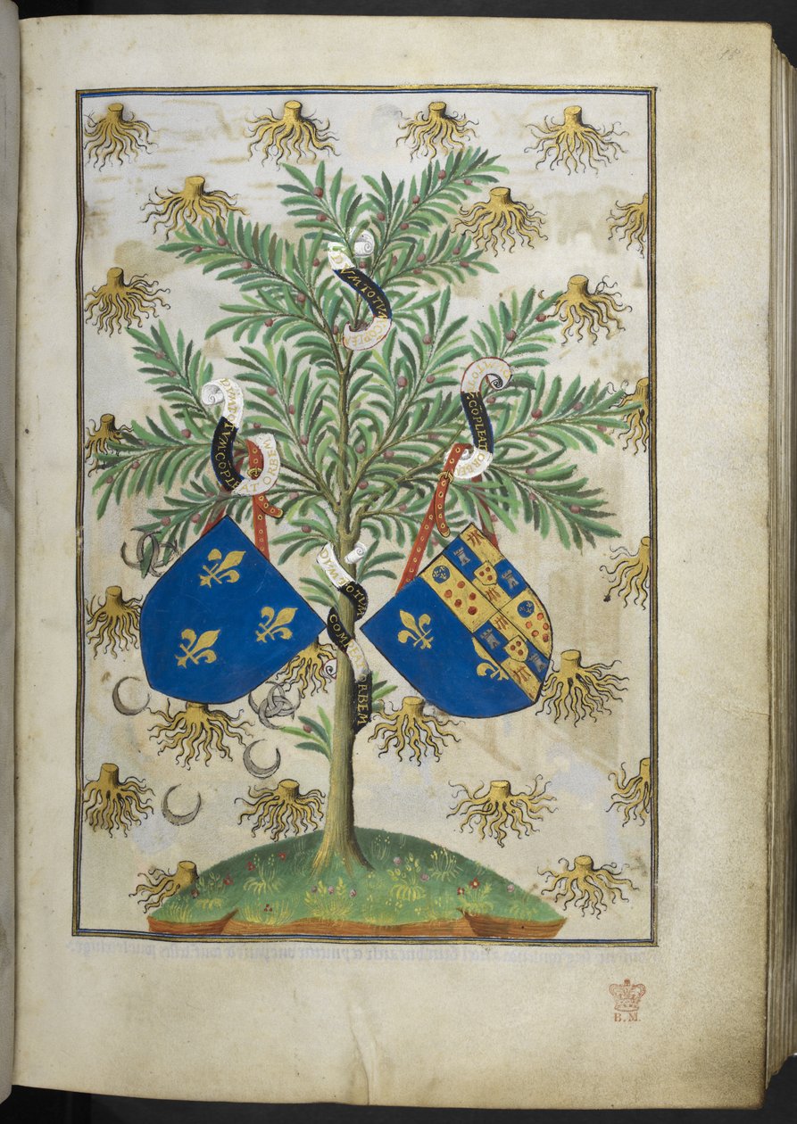 Adicione a página Armorial da Ms 18850 f.15r, do Livro de Horas (The Bedford Hours) c.1410-30 (tinta, cor e ouro em pergaminho) de French School