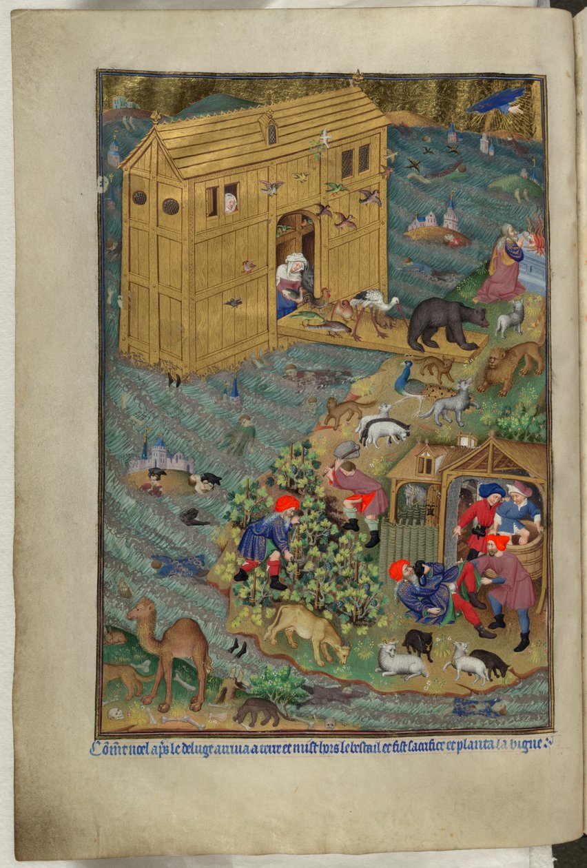 Adicionar Ms 18850 f.16v, The exit from the Ark, from Book of Hours (The Bedford Hours) c.1410-30 (tinta, cor & ouro sobre velino) de French School