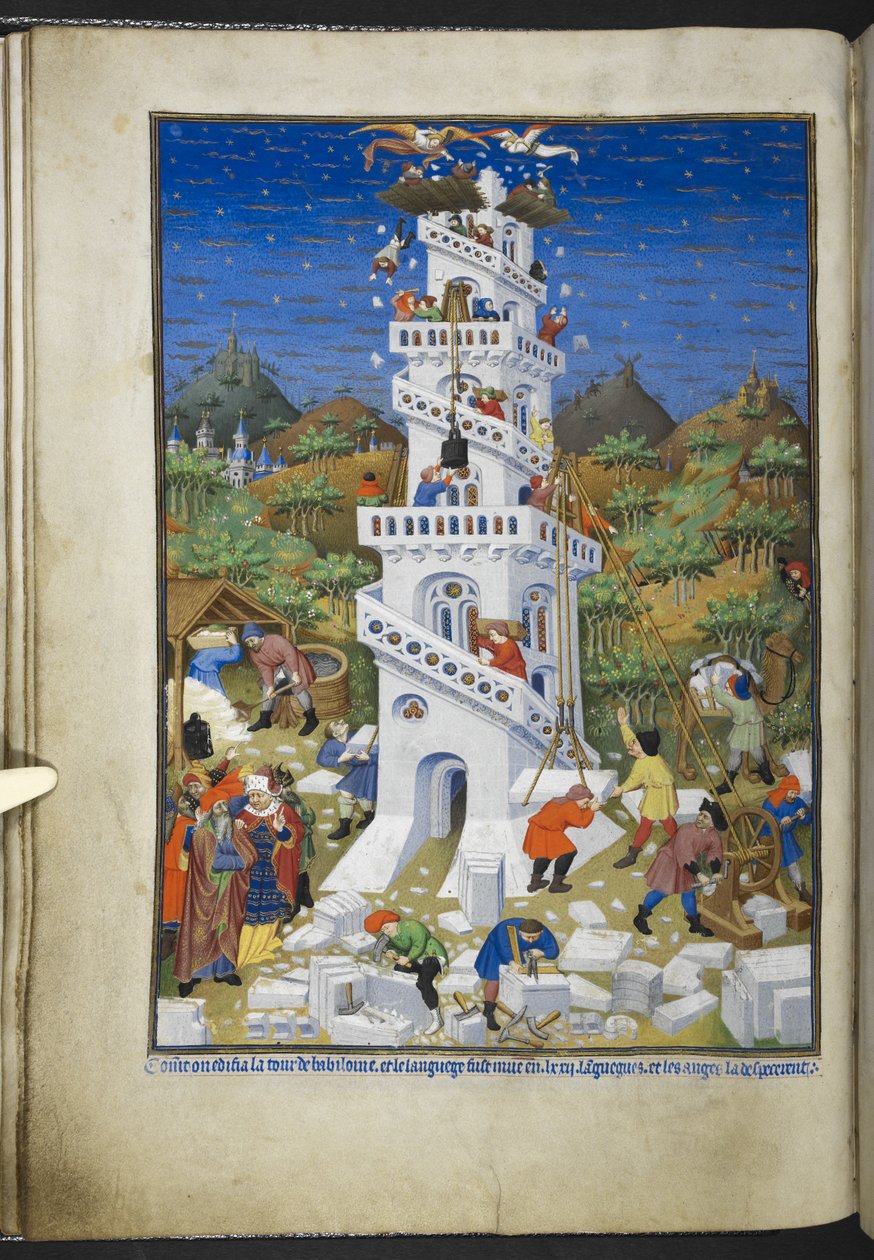 Acrescentar Ms 18850 f.17v Edifício da Torre de Babel, do Livro de Horas (The Bedford Hours) c.1410-30 (tinta, cor & ouro sobre velino) de French School