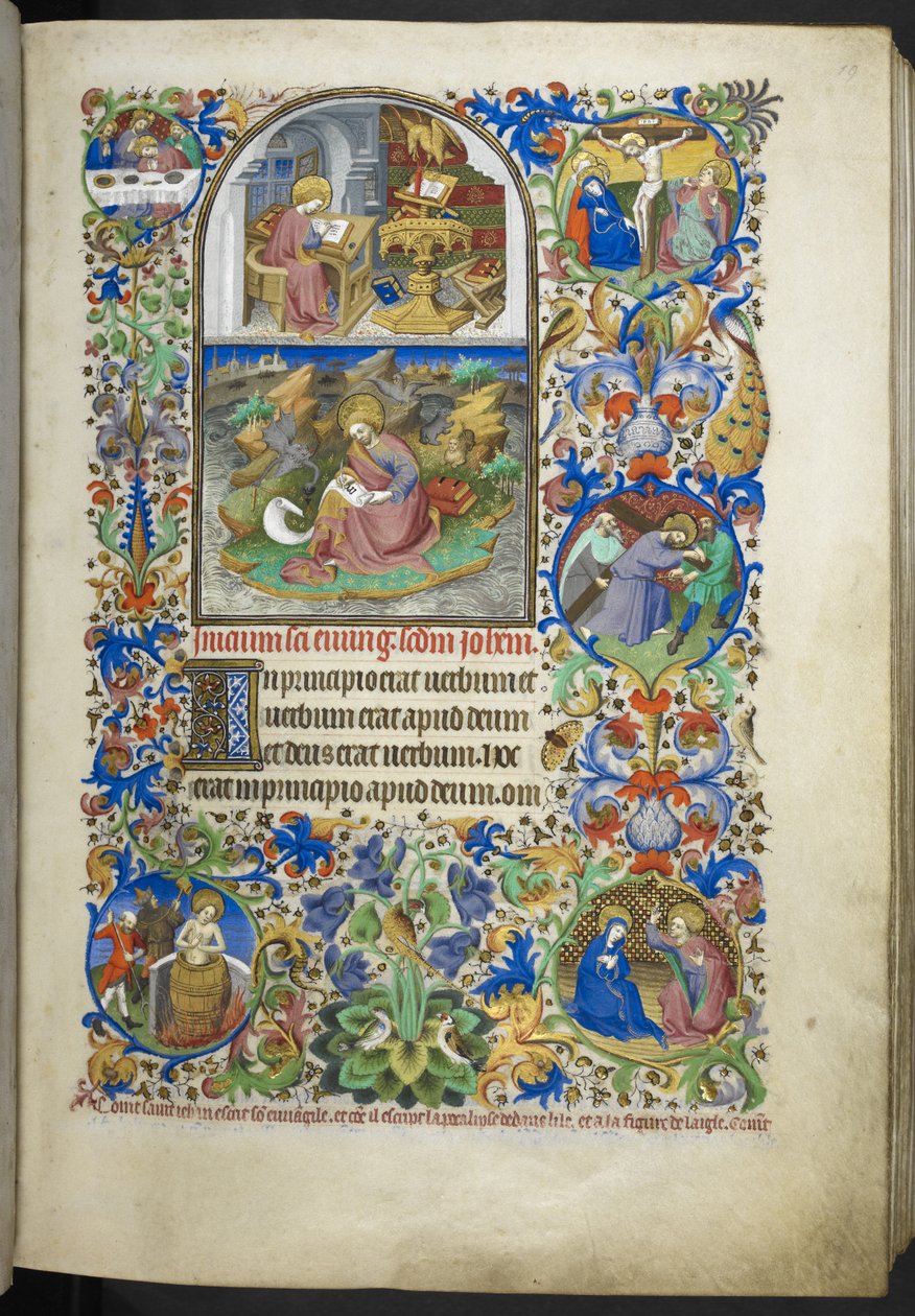 Acrescentar excertos do Evangelho da Sra. 18850 f.19r incluindo extractos de João, Lucas, Mateus e Marcos, do Livro de Horas (The Bedford Hours) c.1410-30 (tinta, cor e ouro em velino) de French School