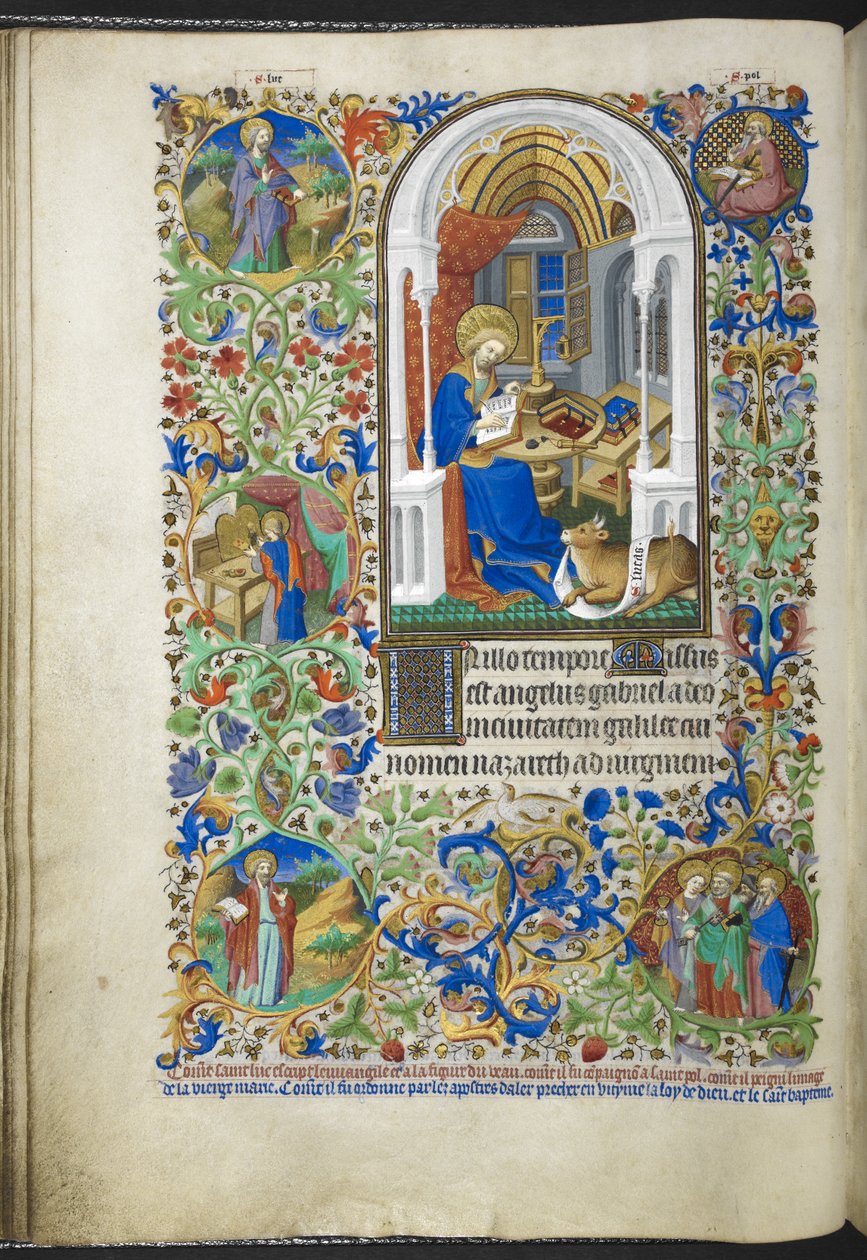 Acrescentar Ms 18850 f.20v Luke the Evangelist, do Livro de Horas (The Bedford Hours) c.1410-30 (tinta, cor & ouro sobre velino) de French School