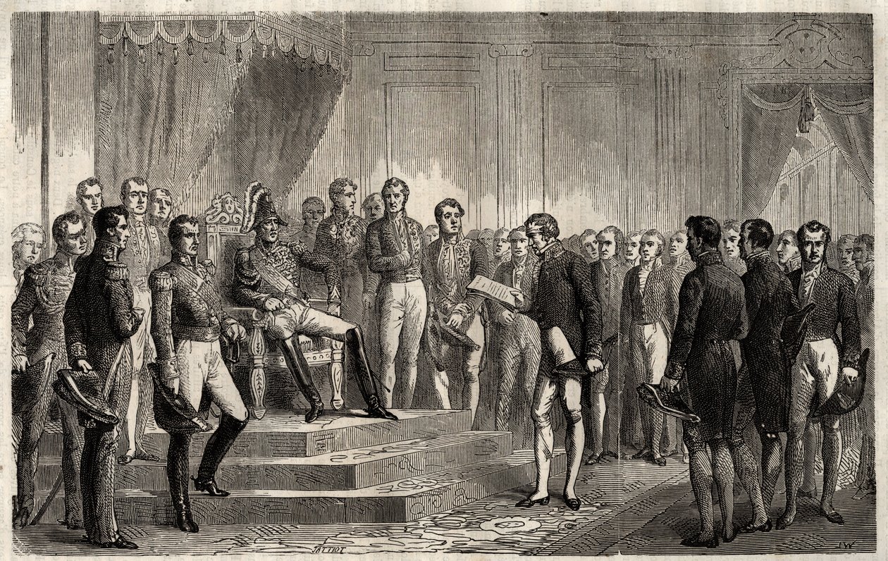 Discurso do 221 - O estadista liberal Roy- Collard apresenta o discurso do 221 - Pierre Paul Royer-Collard lendo ao rei francês Charles X o discurso do 221 para protestar contra o Acórdão em 1830 - Pierre Paul Royer Collard (1763-1845) (Royer-Collard) pré de French School