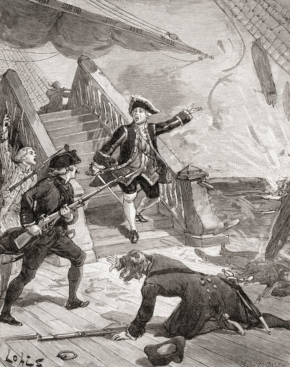O almirante Suffren no Oceano Índico durante a sua campanha contra os ingleses no século XVIII, da "Histoire de France", publicada por volta de 1880 (gravura) de French School