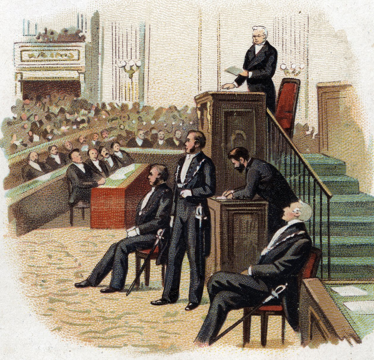 Adolphe Thiers (1797-1877), Presidente da República no pódio da Assembleia Nacional em 1872 - Cromolitografia (Chromo) do início do século XX. de French School