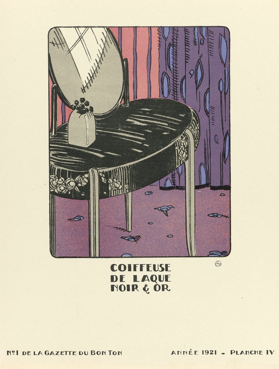 Anúncio de "Coiffeuse de Laque Noir  Or", pub.1921 (impressão a stencil) de French School