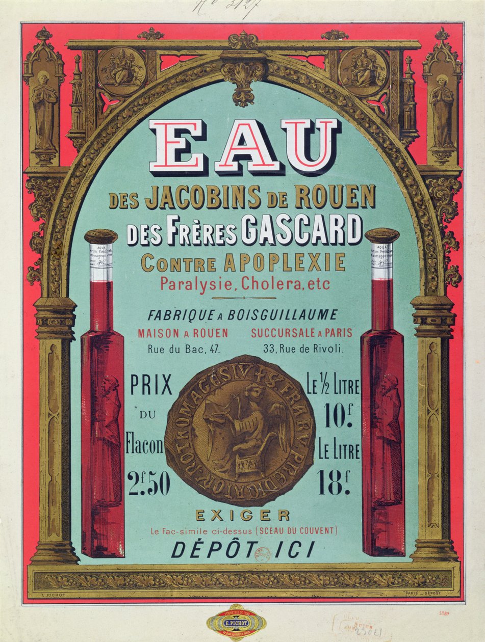 Anúncio para "Eau des Jacobins de Rouen", meados do século XIX (cor litho) de French School