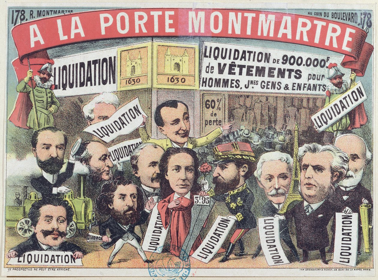 Anúncio para uma venda de roupas na loja de departamentos de Paris La Porte Montmartre, c.1880 de French School