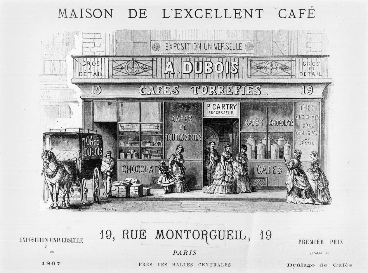Anúncio para um vendedor de café na Rue Montorgueil, Paris, c.1870 de French School