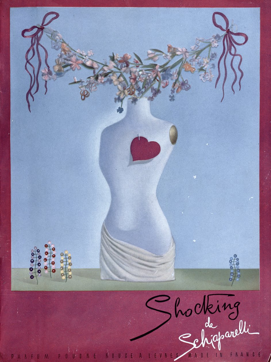 Anúncio do perfume "Shocking" de Schiaparelli, ilustração da revista "Vogue", novembro de 1938 (litografia a cores) de French School