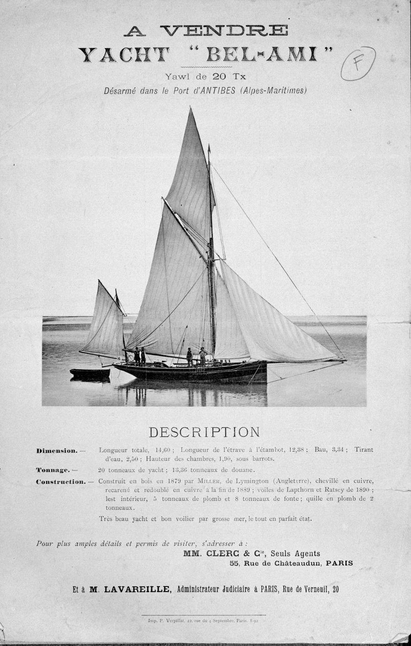 Anúncio para a venda de Guy de Maupassants Yacht Bel-Ami de French School