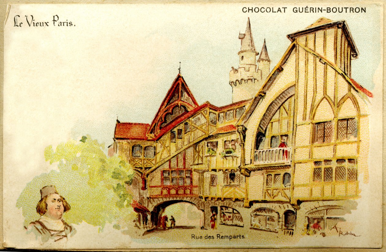 Publicidade Cromolitografia de chocolates Guerin Boutron, The Old Paris, Rue des Remparts de French School