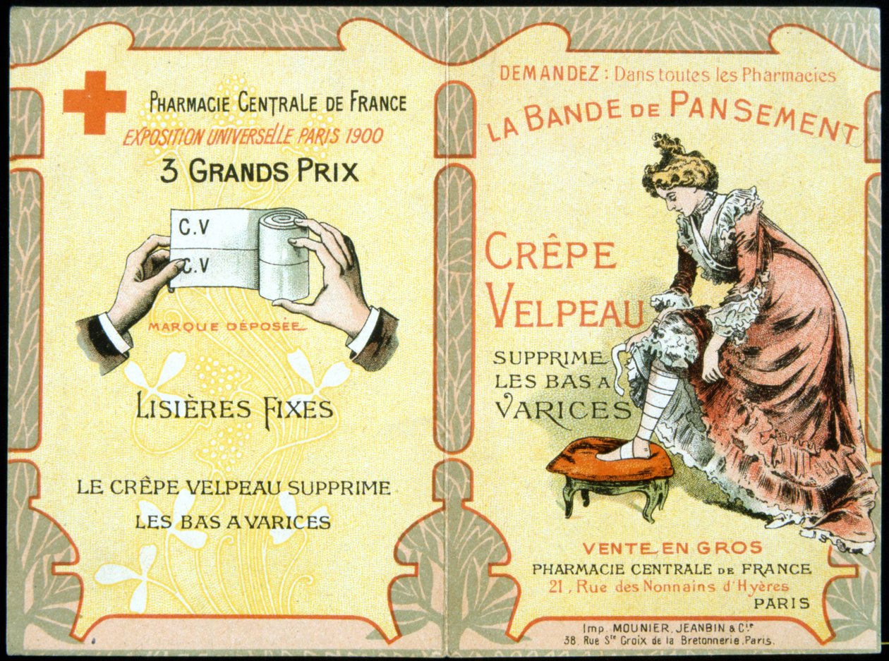 Cartão publicitário do "The Velpeau Crepe Dressing Band remove meias varicosas". Sd. Século XIX. de French School
