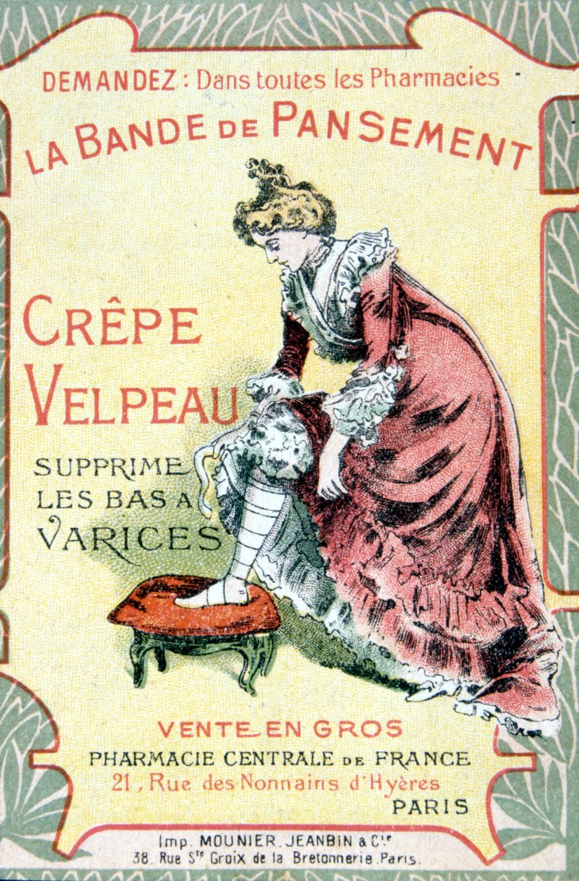 Cartão publicitário do "The Velpeau Crepe Dressing Band remove meias varicosas". Sd. Século XIX. de French School