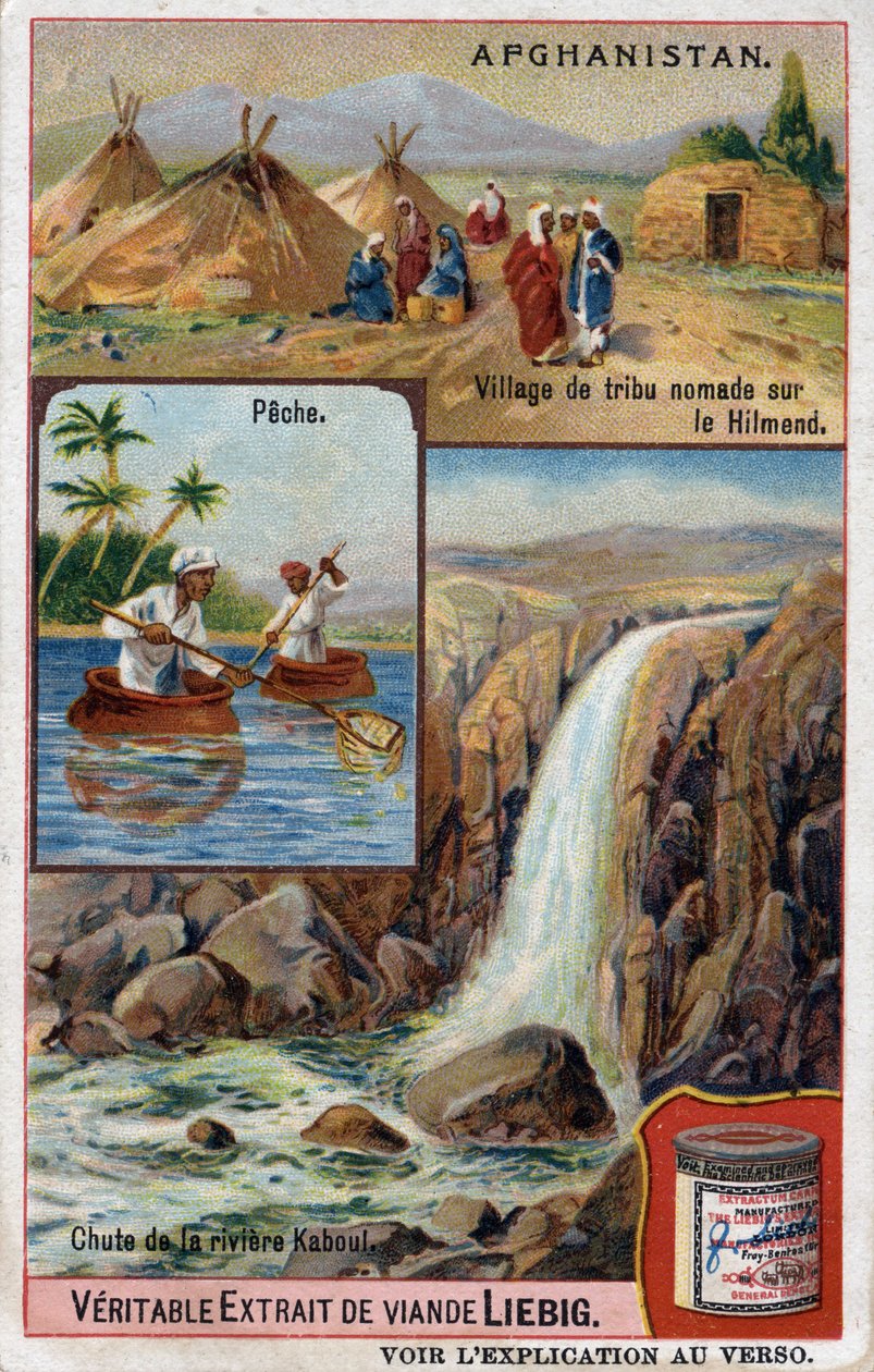 Cartão publicitário mostrando uma aldeia nómada da tribo Hilmend, pescadores e a queda do rio Kabul, no Afeganistão. Cromolitografia do século XIX. de French School