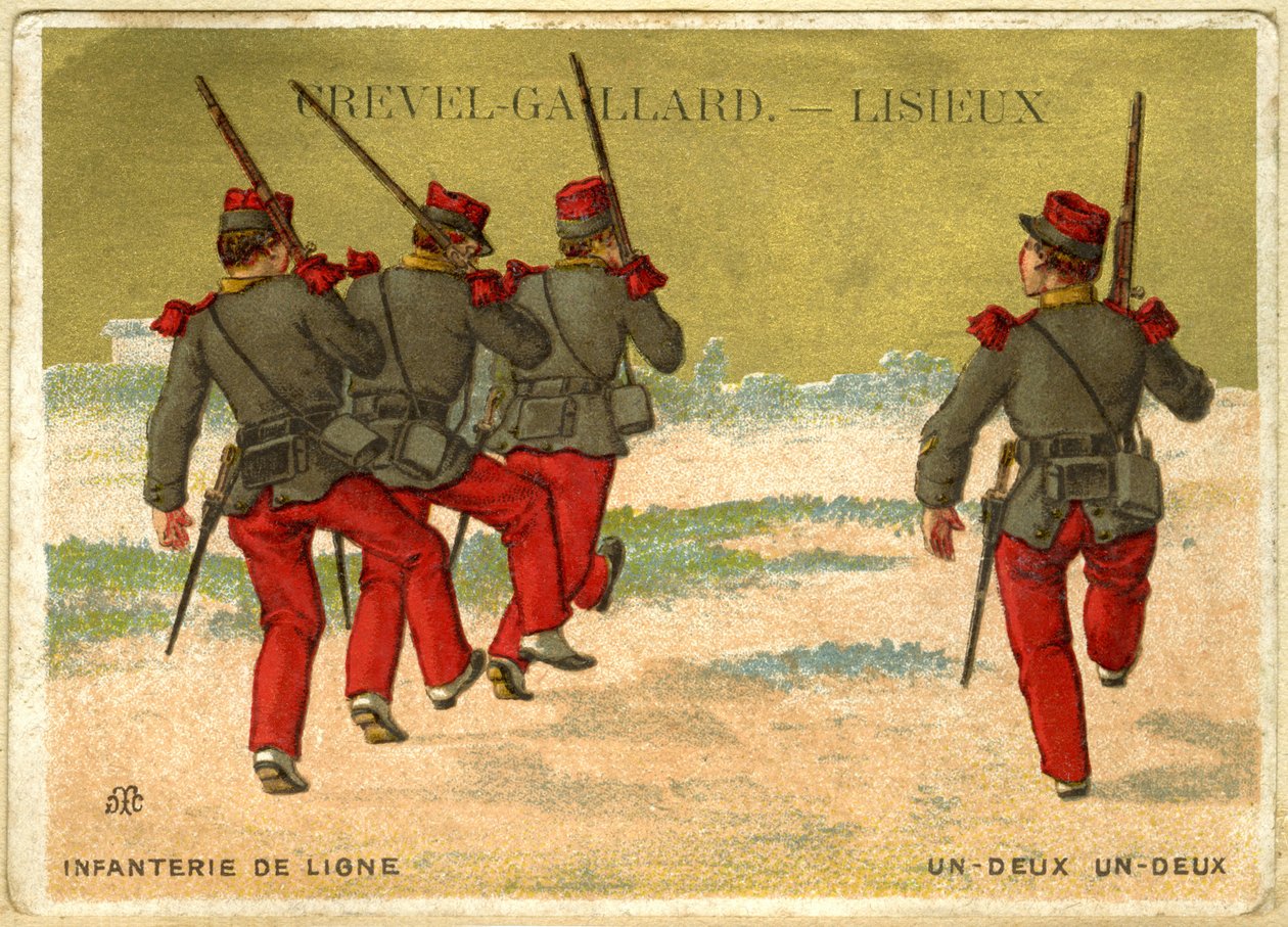 Publicidade cromolitografia de Grevel-Gaillard, Lisieux, infantaria online, um dois, um dois (cromolitografia) de French School