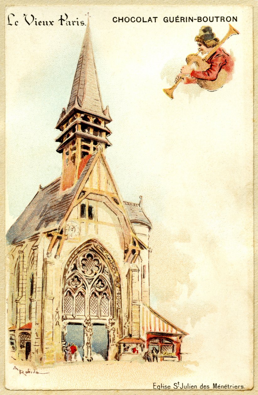 Cromolitografia publicitária de chocolates Guerin Boutron, LE VIEUX PARIS, igreja de Saint Julien des Ménétriers de French School
