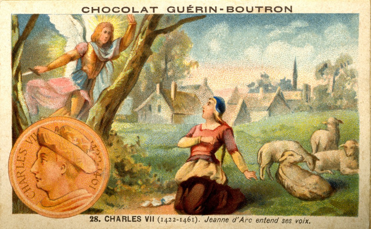 Publicidade cromolitografia de chocolates Guerin Boutron, rei Carlos VII de 1422 a 1461. Joana d&39;Arc ouve vozes (cromolitografia) de French School