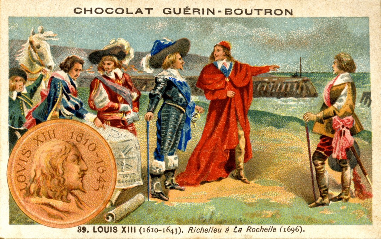 Cromolitografia publicitária de chocolates Guerin Boutron, rei Luís XIII da França de 1610 a 1643. Richelieu em La Rochelle, 1696 de French School