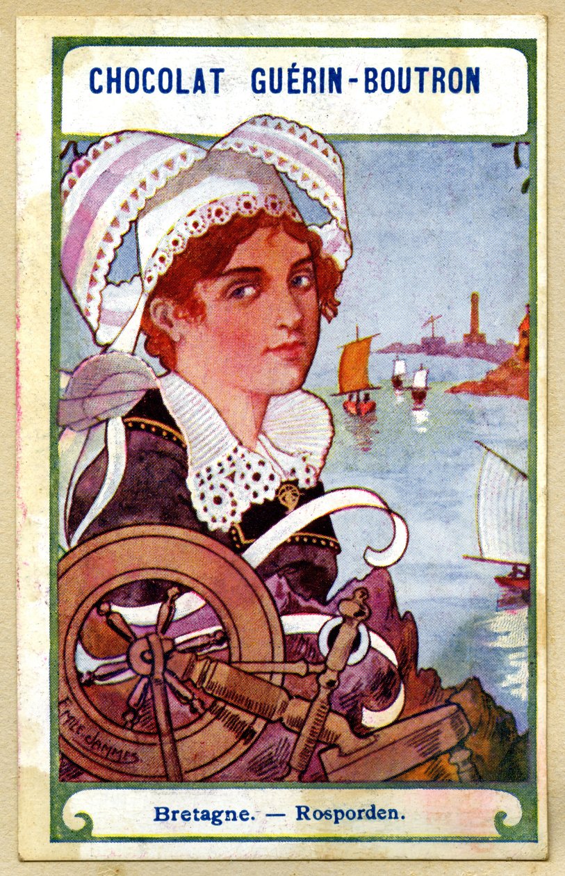 Publicidade cromolitografia de chocolates Guerin Boutron, os cocares das regiões da França, bretanha, rosporden, ilustração Emile Jammes (cromolitografia) de French School