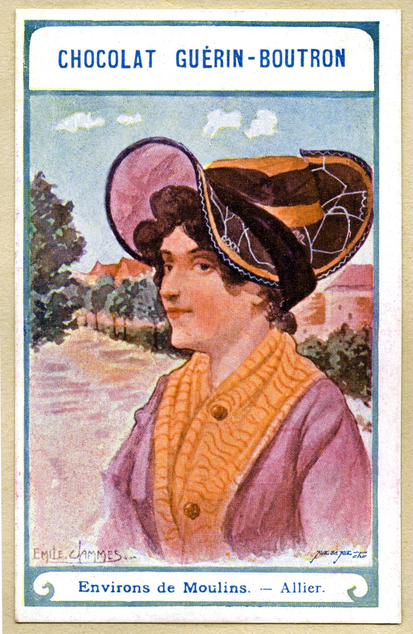 Cromolitografia publicitária de chocolates Guerin Boutron, cocares das regiões da França, arredores de Moulins, Allier, ilustração Emile Jammes (cromolitografia) de French School