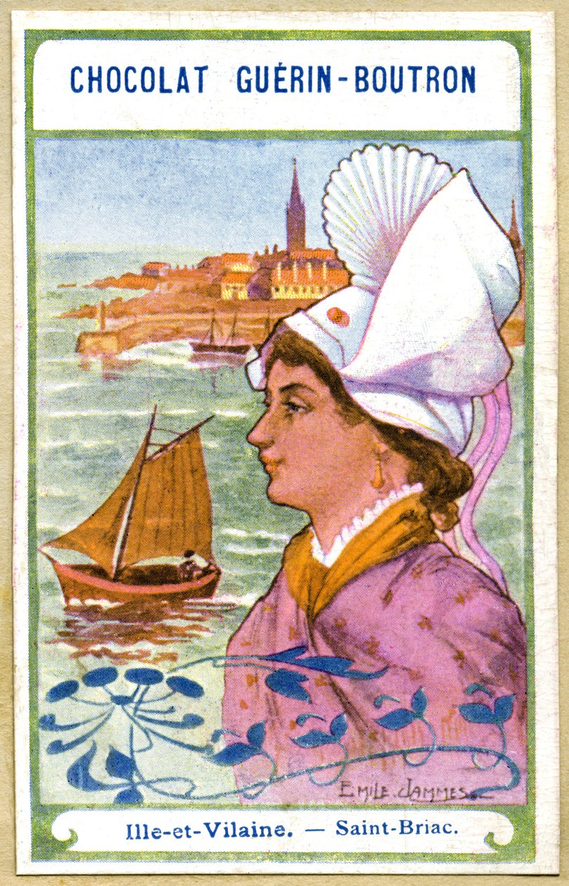 Cromolitografia publicitária de chocolates Guerin Boutron, os cocares das regiões da França, Ille et Vilaine, Saint Briac, ilustração Emile Jammes (cromolitografia) de French School