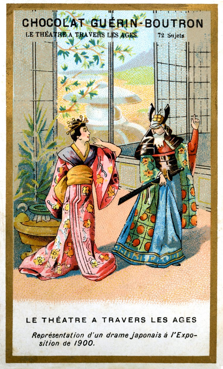 Cromolitografia publicitária de chocolates Guerin Boutron, teatro através dos tempos, 72 temas, drama japonês de French School