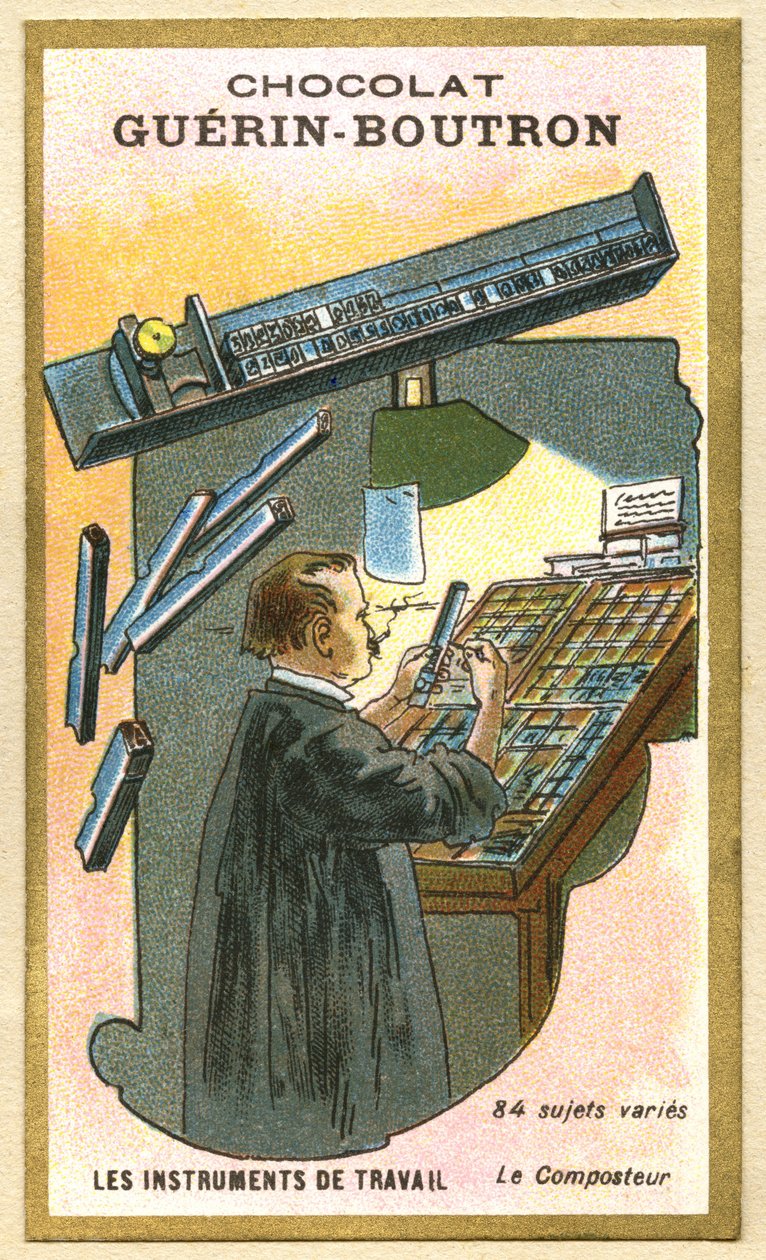 Cromolitografia publicitária de chocolates Guerin Boutron, instrumentos de trabalho, 84 temas variados, compositor de French School