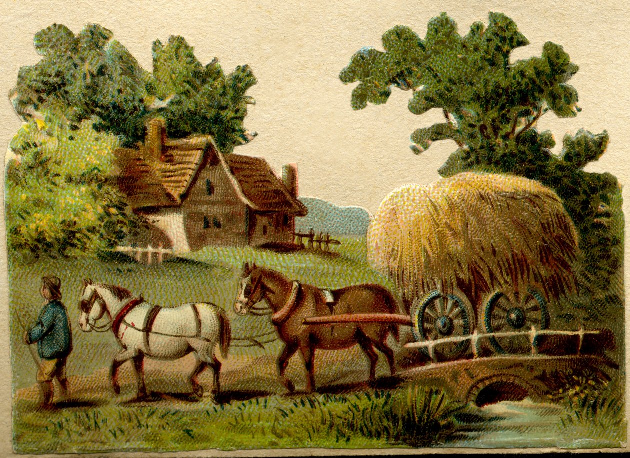 Cromos publicitários, cortados à medida segundo os contornos dos desenhos representados, muito em voga no início do século XX e destinados a serem recortados e colados em álbuns, Cena rural, início do século XX (cromolitografia) de French School