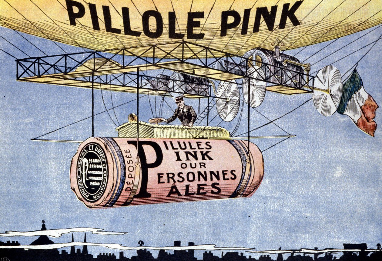 Publicidade para Pink pills: comprimidos milagrosos para pessoas pálidas e enfraquecidas. Eles regeneram o sangue e tonificam os nervos. 1904 aproximadamente. de French School