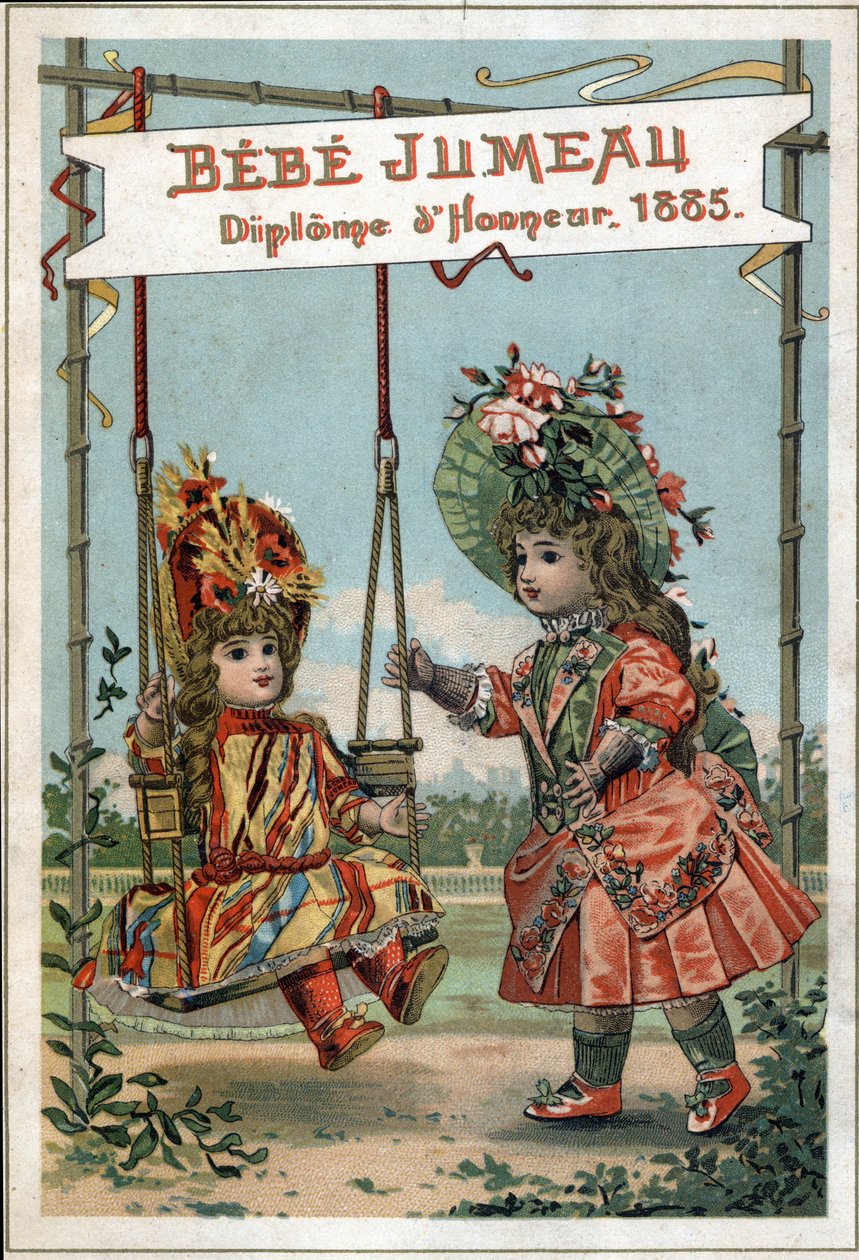 Publicidade para bonecas Twin em 1885 da Twin House. (Primeira Fabricação do Mundo para a fabricação de Beaux Bebes). de French School