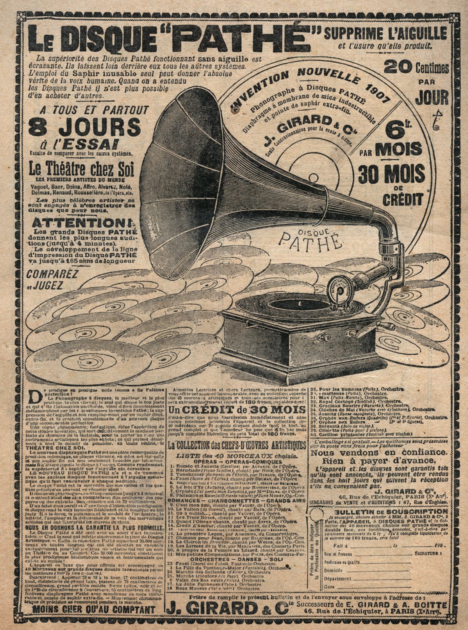 Publicidade para fonógrafos "Pathe" 1907 - Le disque pathe - de French School