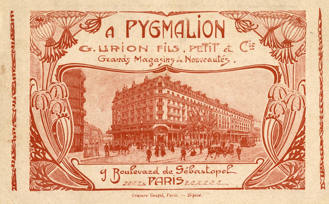 Publicidade para a loja "Stores de Nouveltes A Pygmalion" 9 boulevard de Sebastopol em Paris. de French School