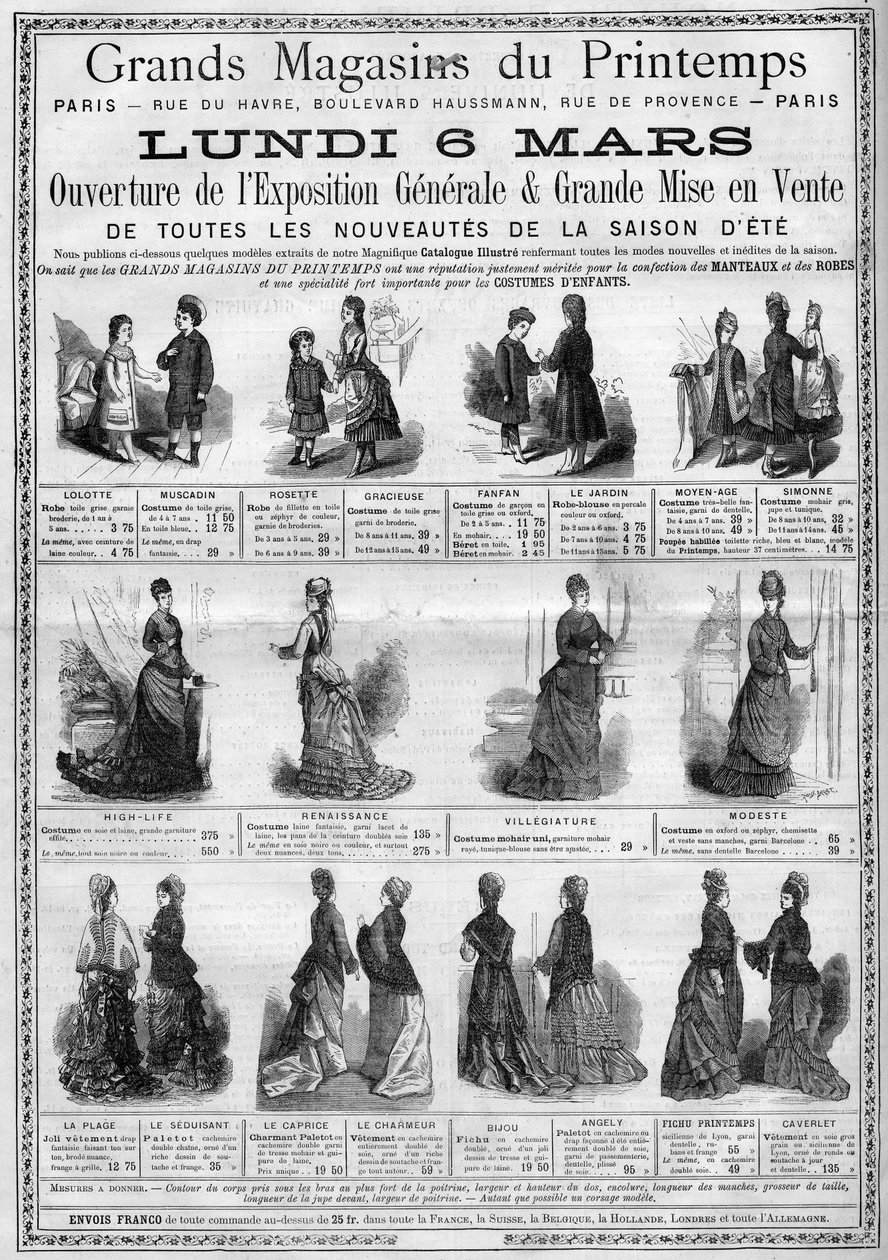 Publicidade para a abertura da exposição geral e a venda dos recém-chegados à estação do verão (coleção de verão) nas lojas de departamento Printemps em Paris. Gravação em "L