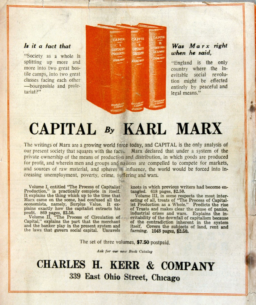 Publicidade para a venda do livro "Le Capital", de Karl Marx, numa revista americana de French School