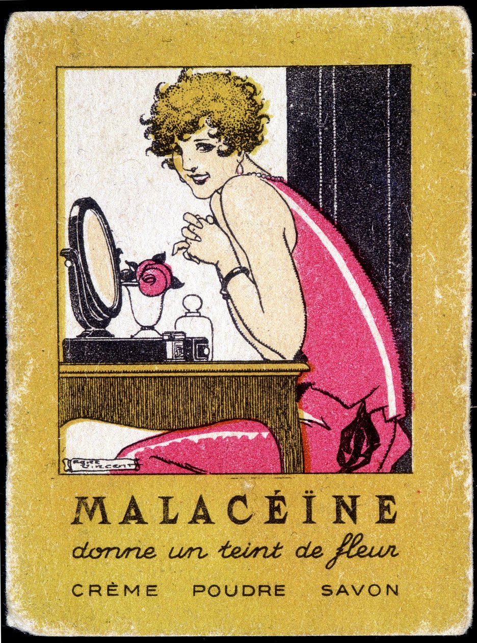 Cartão postal publicitário para produtos de beleza Malacéíne. por volta de 1920. de French School