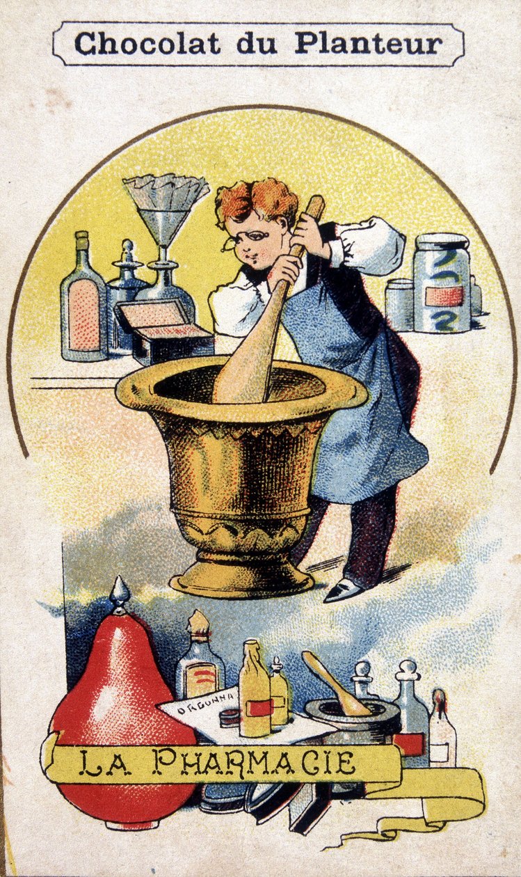 Cartão postal publicitário para a fábrica de chocolate do plantador. de French School